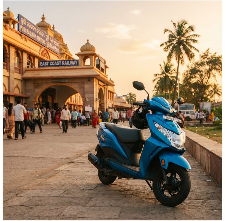A clean, modern blue Honda Dio scooter parked near the Puri Railway Station terminal under bright golden-hour coastal light, palm trees and open sky in the background, sharp focus, 35mm lens