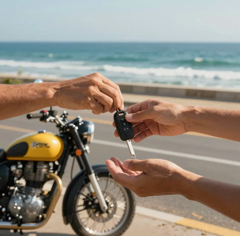 Close-up of hands handing over scooter keys next to a parked Royal Enfield cruiser on CT Road, bright coastal daylight, sharp focus.