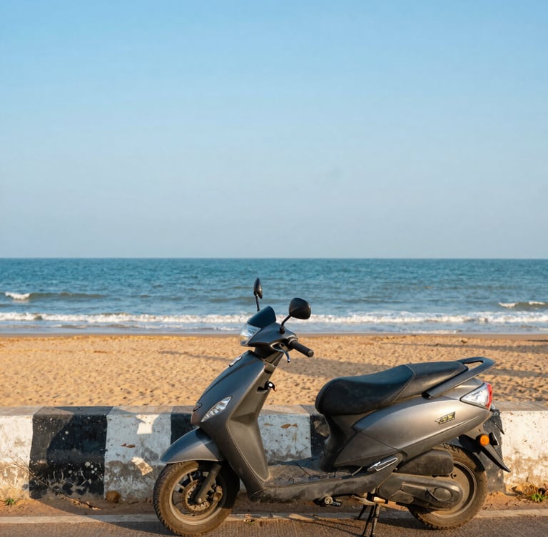 A clean Suzuki Access 125 scooter parked near a coastal highway overlook in Puri, with the blue bay of Bengal visible under a bright, high-contrast daylight sky, sharp focus.