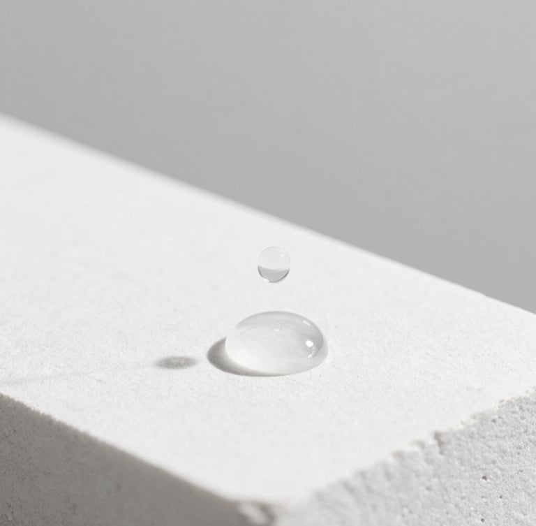 Minimalist studio photography, macro shot of elegant clear serum droplets on a clean white stone surface, soft diffused light, monochrome palette, elegant shadows