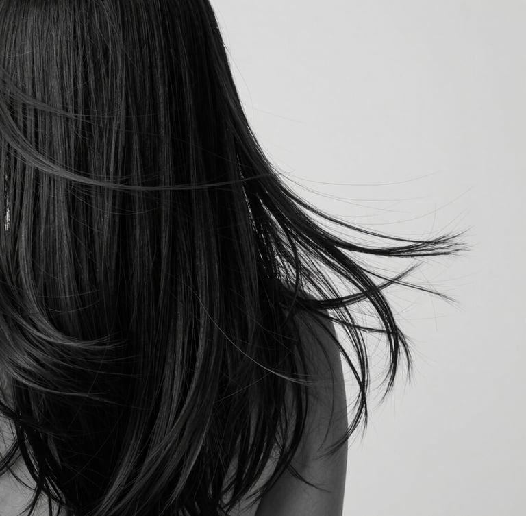 Close-up of rich, flowing dark hair texture with elegant movement, minimalist studio photography, soft diffused light, monochrome palette, sharp focus