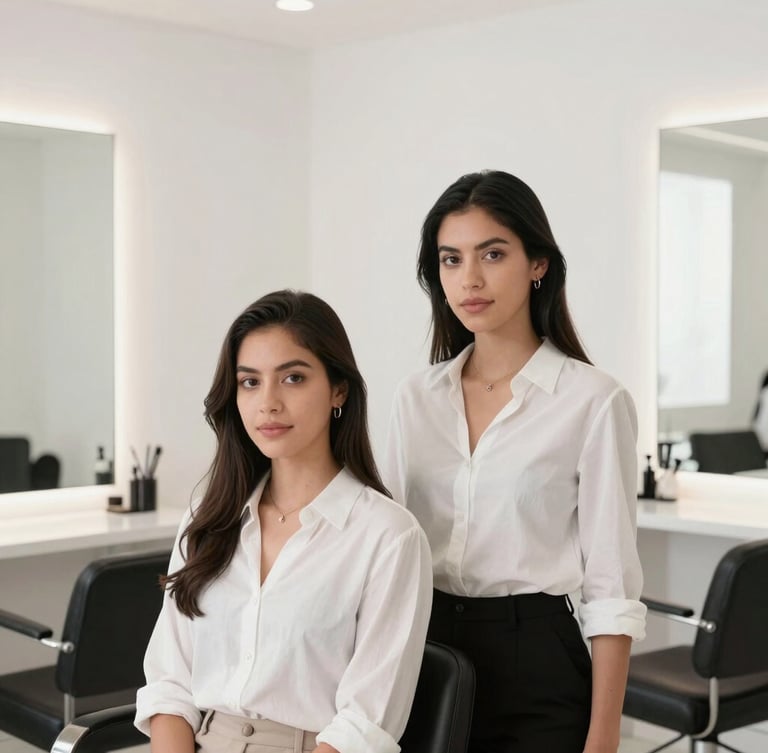 Candid portrait of two elegant Mexican sisters in a bright, minimalist lab-salon space, soft diffused studio lighting, monochrome palette, sophisticated and warm