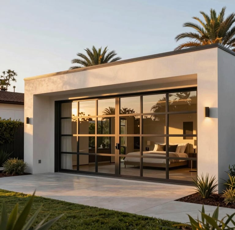 A beautiful modern detached garage converted into a luxury guest house, large steel-framed glass doors, warm late-afternoon California golden hour light, manicured landscape, architectural photography, 35mm lens.