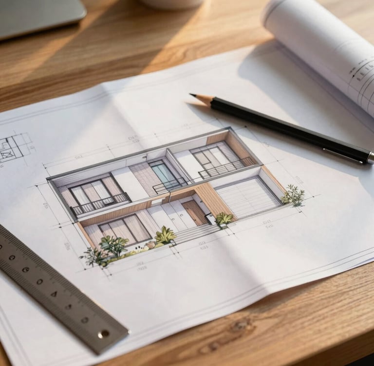 Close-up of modern architectural blueprints laid out on an oak desk, with a matte black mechanical pencil and ruler under warm studio lighting.