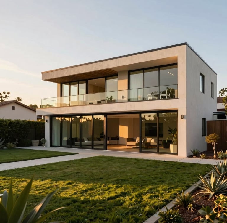 Wide-angle architectural photograph of a modern detached ADU with floor-to-ceiling glass doors, nestled in a manicured Southern California garden at golden hour.