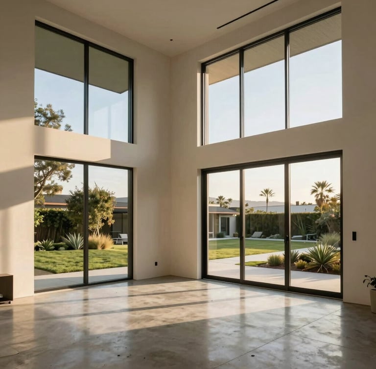 Modern ADU interior with high ceilings, polished concrete floors, and expansive black-framed windows looking out to a manicured garden.