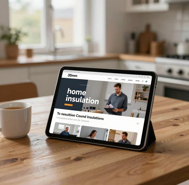 A close-up of a tablet displaying a video course on home insulation, sitting on a wooden kitchen table next to a mug of tea, soft overcast British daylight, 35mm