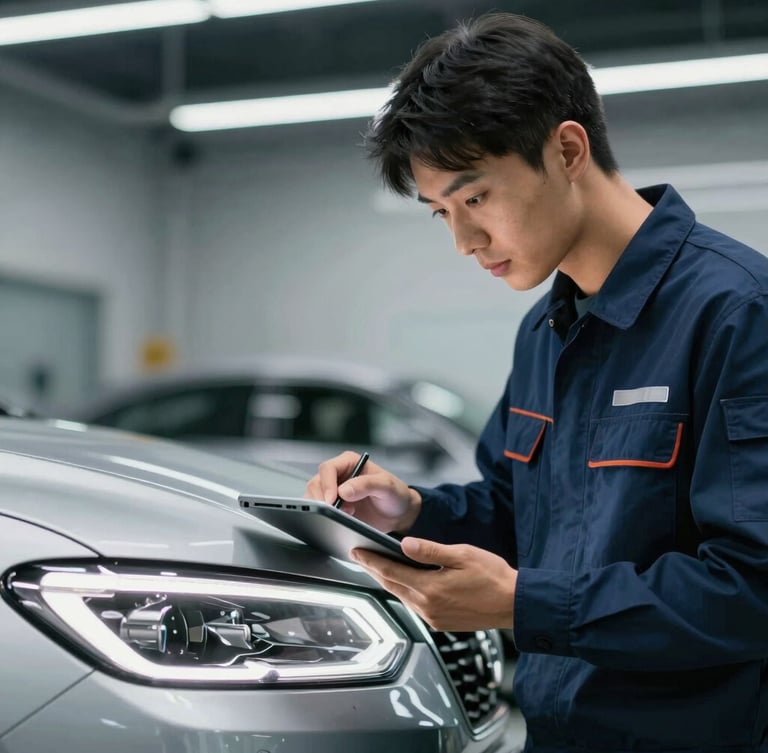 A professional automotive appraiser in a technical uniform holding a digital tablet, inspecting a car headlight under bright workshop lighting