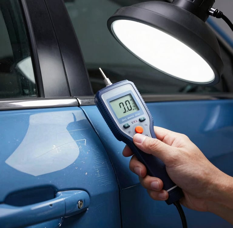 Macro shot of a digital paint depth gauge measuring a scratched blue car door panel under bright white inspection lights, forensic and objective.