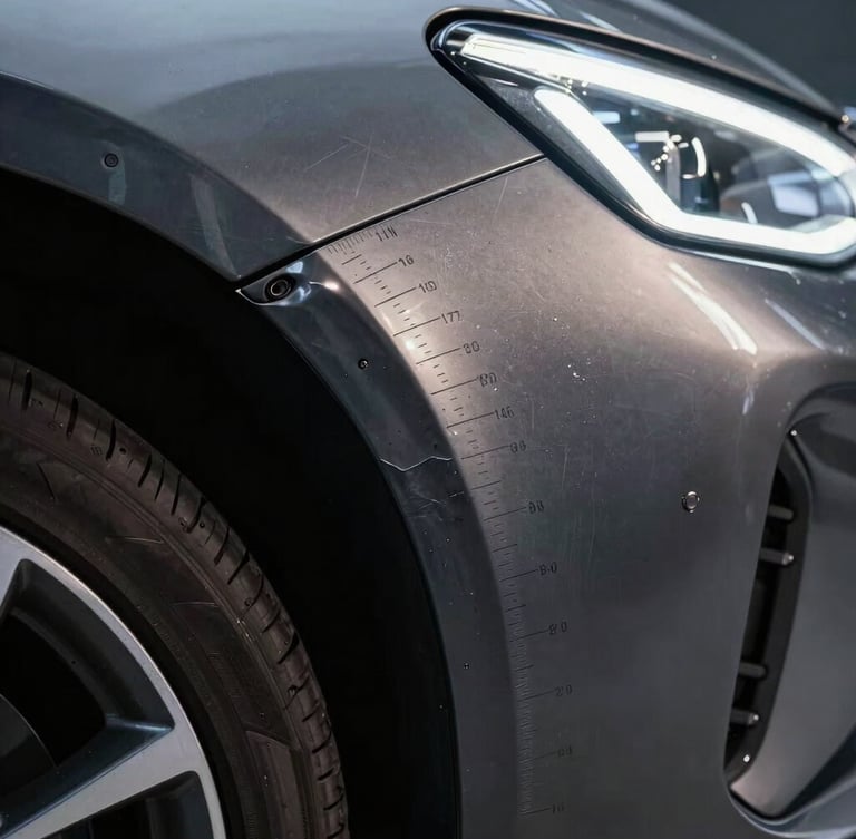 Close-up of automotive body damage under bright inspection lights, showing a dent on a dark metallic panel with precise forensic measurement markings.