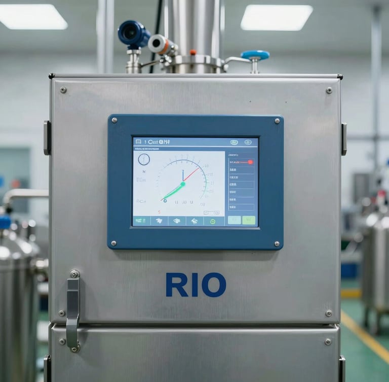 Straight-on medium shot of a stainless steel RO plant control panel with a digital PLC screen displaying flow telemetry, bright factory lighting, technical and precise.