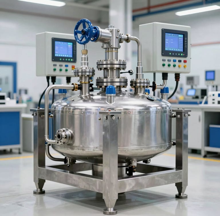 Sharp industrial photography of a heavy-duty stainless steel RO skid, bright clean factory lighting, metallic pressure vessels and digital PLC panels.