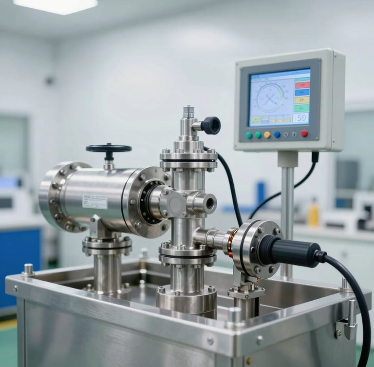 Crisp medium shot of a heavy-duty stainless steel RO skid undergoing pressure testing, digital PLC control panel displaying active metrics, high-key factory lighting