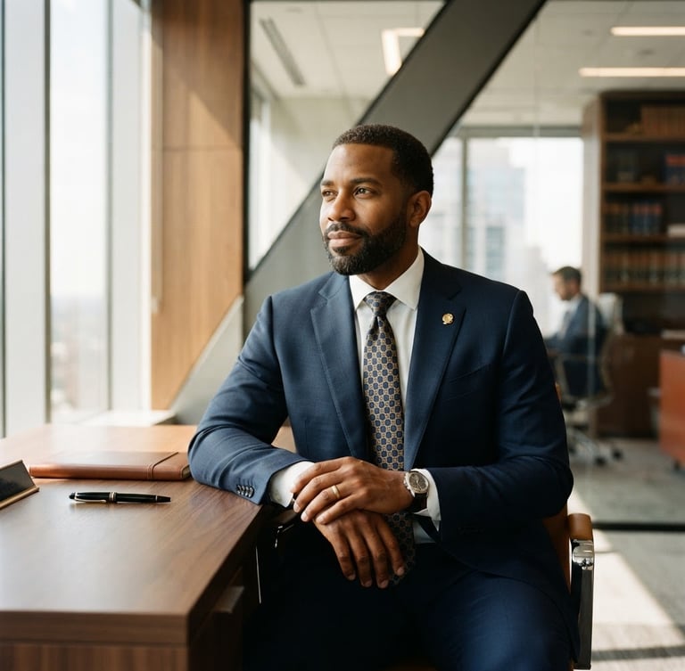 Professional portrait of a confident male lawyer in a modern, sunlit office, sharp architectural angles, warm natural window light, deep navy and gold tones, 35mm, shallow depth of field, looking slightly off-camera to the left.