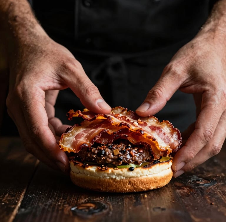 Moody close-up of a chef's hands placing fresh crispy bacon on a towering burger, warm side lighting, dark rustic background, shallow depth of field