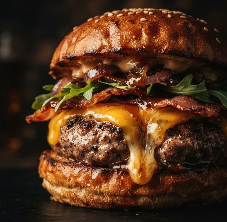 Moody close-up of a premium artisanal burger with melting cheddar cheese and glistening sauce, warm side lighting against a dark background, portrait framing.