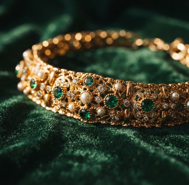 Macro studio shot of a heavy gold-plated choker resting on dark green velvet, dramatic side-lighting highlighting the intricate stone settings and metallic luster