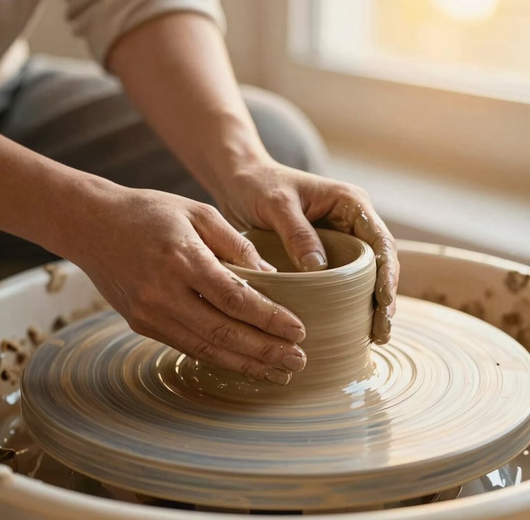 Hands shaping wet terracotta clay on a spinning potter wheel, warm golden-hour light, macro shot with shallow depth of field