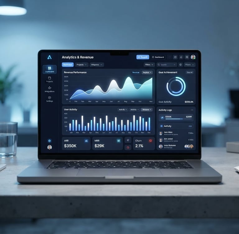 A high-fidelity SaaS UI mockup displayed on a sleek modern device frame, cool blue ambient light, sharp focus, crisp tech photography, 35mm lens