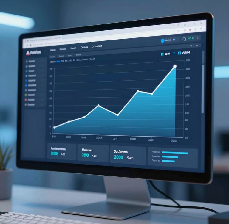 High-fidelity digital marketing dashboard on a modern desktop monitor, crisp analytics charts showing upward trend lines, cool blue studio lighting, sharp focus