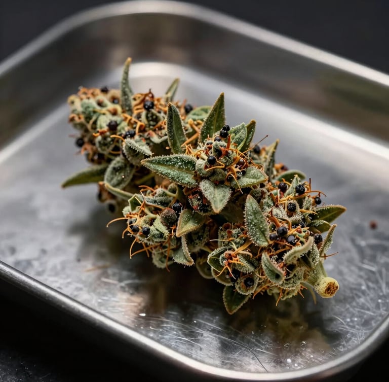 Tight macro product shot of dense, trichome-rich flower on a raw metal tray, dramatic directional light, deep shadows.