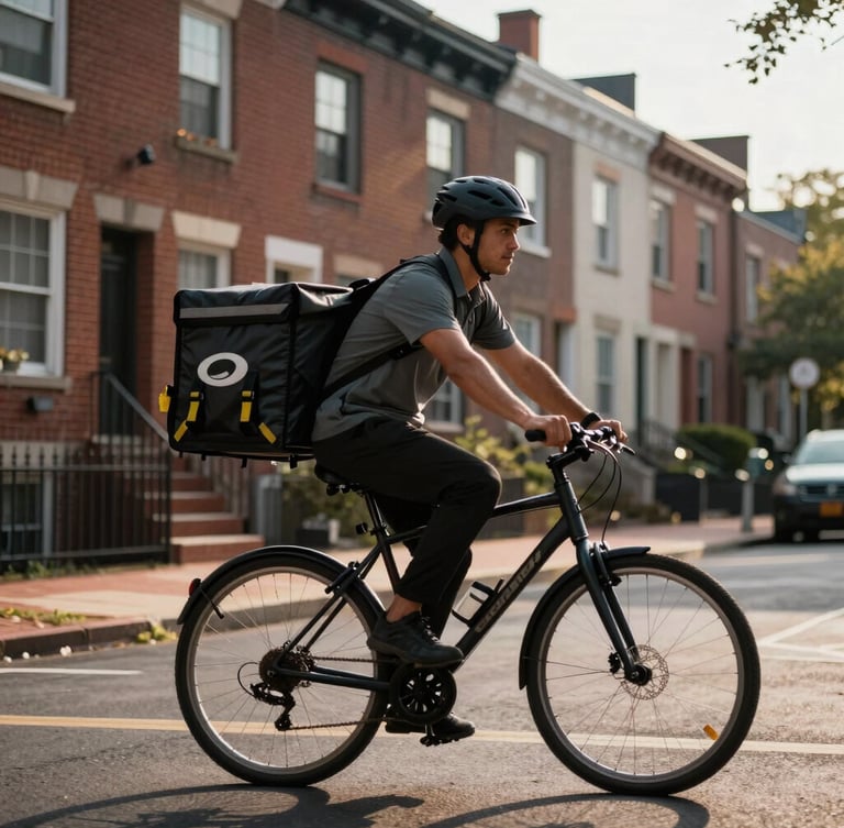 High-contrast dramatic late-afternoon sunlight, a delivery courier riding a bicycle on a Washington DC street, brick row houses in the soft-focus background, industrial utility aesthetic.