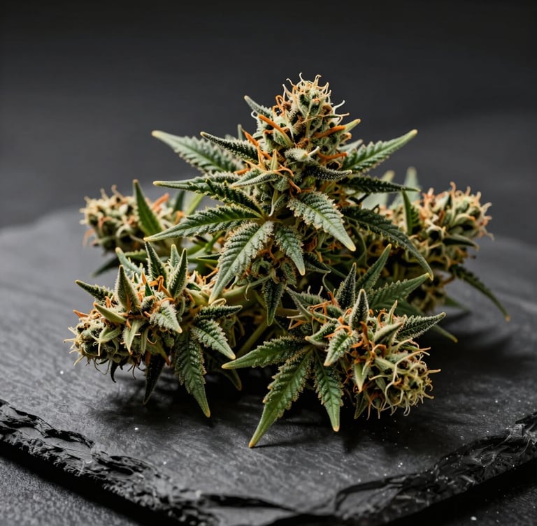 Macro high-definition shot of dense, green, trichome-rich cannabis flower resting on a raw, dark slate tray under dramatic, high-contrast directional light with deep shadows.