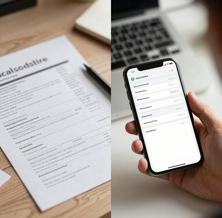 A split-screen layout showing a cluttered desk with paper invoices on the left, and hands holding a smartphone displaying a clean, modern digital dispatch dashboard on the right. Bright natural lighting, high contrast, sharp details.