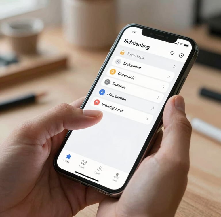 Tight macro shot of hands interacting with a mobile device displaying a clean, high-fidelity UI of a custom scheduling tool, bright natural light, local workshop background.