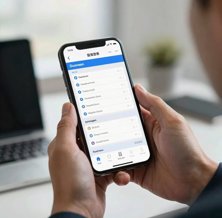 Close-up of hands holding a smartphone displaying a clean, high-fidelity business dashboard in a bright regional office environment, natural lighting.