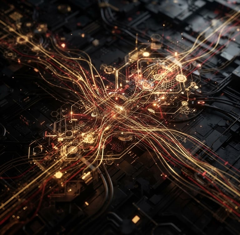 Sleek 3D render of digital interface, dark tech aesthetic, glowing gold and red data visualization lines, macro depth of field