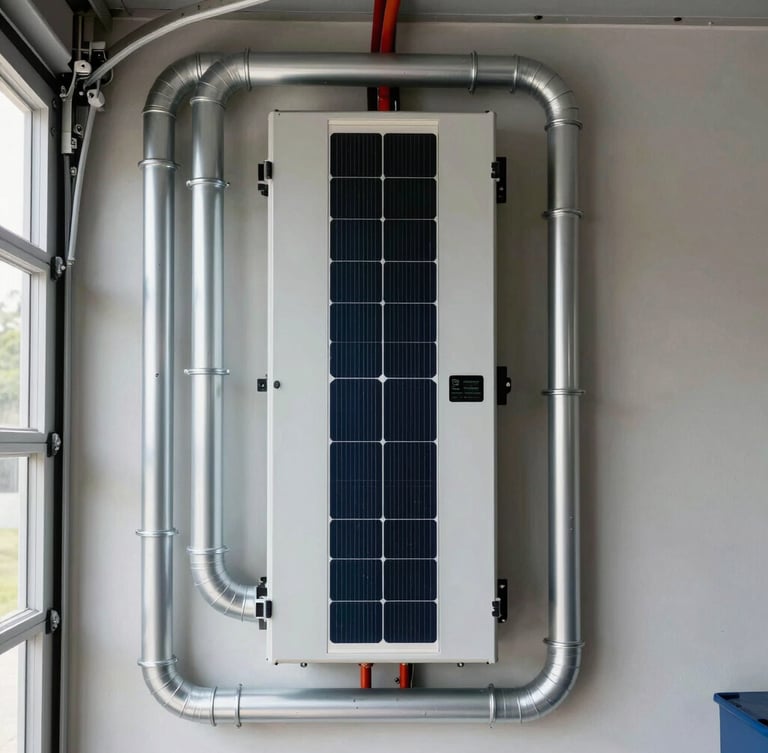 Symmetrical straight-on shot of a clean residential solar inverter installation inside a garage, perfectly aligned silver conduit lines running vertically, bright utility lighting