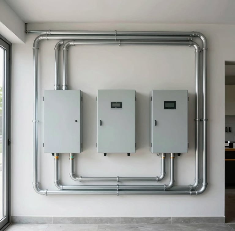 Straight-on architectural shot of a clean residential garage wall, showing parallel silver conduit lines routed perfectly to a modern electrical panel and hybrid inverter, bright natural light.