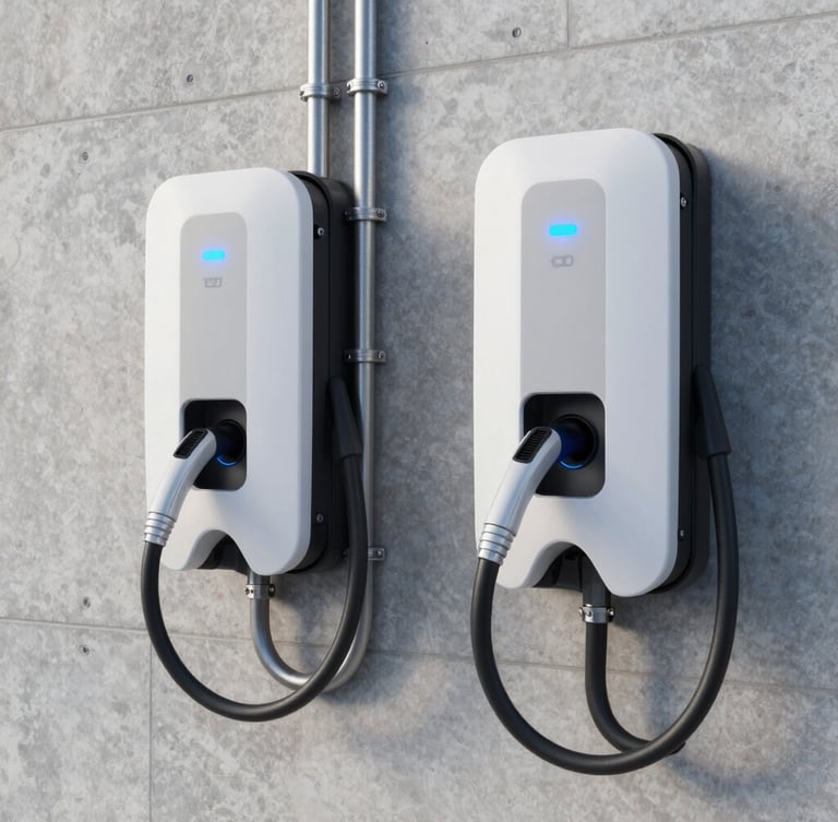 Vista simétrica de un cargador de vehículo eléctrico premium montado sobre pared de hormigón visto, canalizaciones de acero inoxidable perfectamente paralelas y ordenadas, iluminación técnica limpia y nítida.