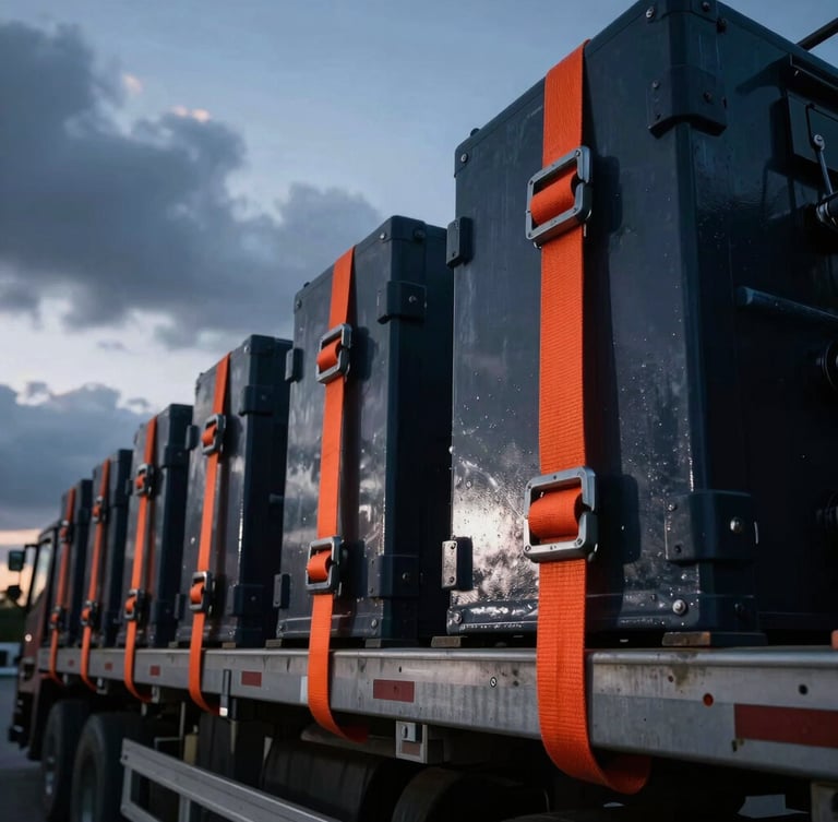 A close-up vertical shot of heavy steel securing gear and orange tension straps locking industrial cargo onto a flatbed trailer, overcast sky, dramatic high-contrast lighting.