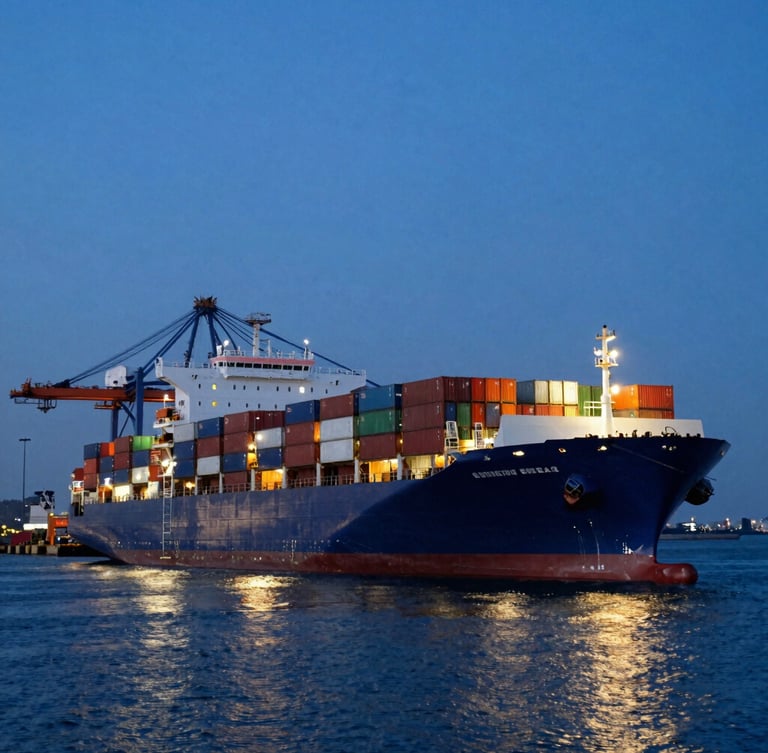 Dramatic wide-angle shot of a massive container ship docked at a deep-water port during dusk, glowing industrial floodlights reflecting off steel containers, dark steel blue sky.