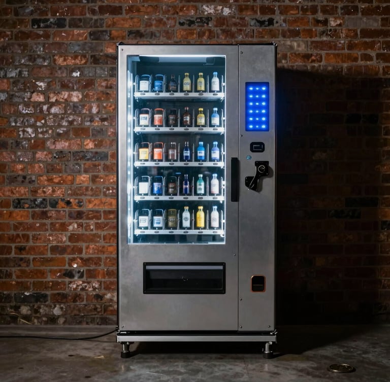 A straight-on geometric shot of a rugged outdoor Wi-Fi vending machine enclosure, steel chassis, glowing blue LED indicator lights, mounted on an industrial brick wall under focused work-light.