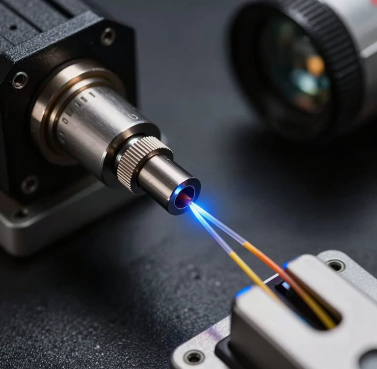 Macro shot of a high-precision fiber optic fusion splicer joining two glass fibers, with a sharp electric blue arc visible, dark technical background