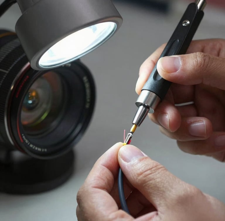 Macro shot of hands terminating a fiber optic cable with high-precision splicing tools under sharp work-light
