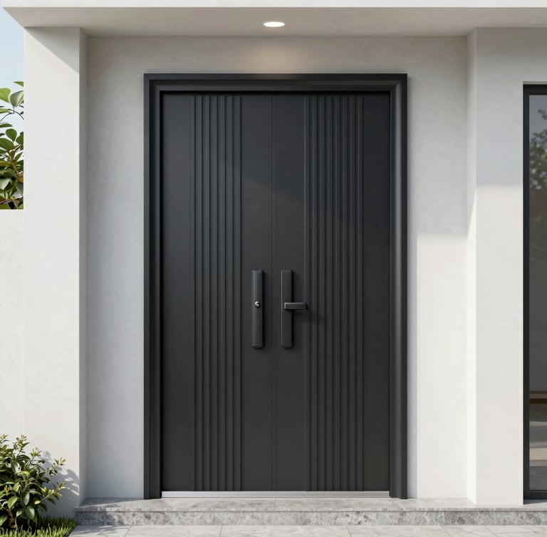 Modern matte black double entry door with vertical ridges and sleek handle for contemporary home exterior design.