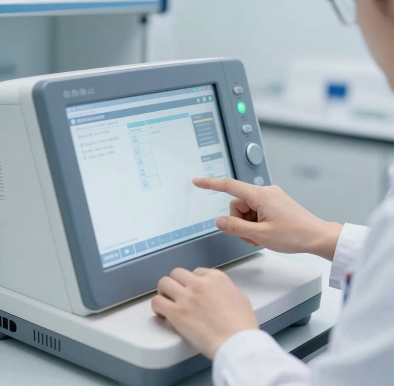 Medium-close shot of a researcher's hands operating a medical diagnostic interface, bright natural daylight, sterile environment.