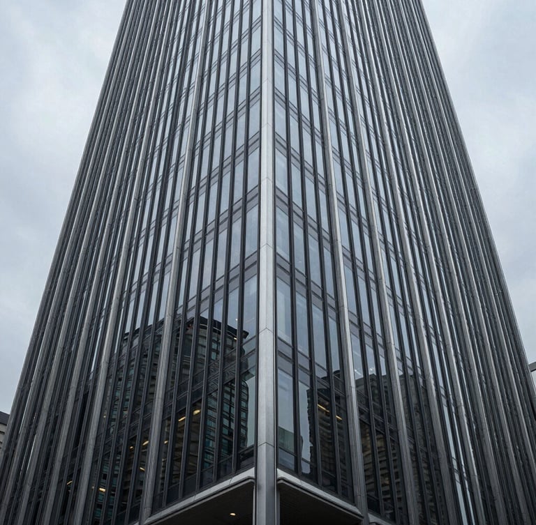 Wide-angle architectural perspective of a modern glass and steel skyscraper facade in Wilmington, cool overcast daylight, sharp geometric reflections, negative space on the left.