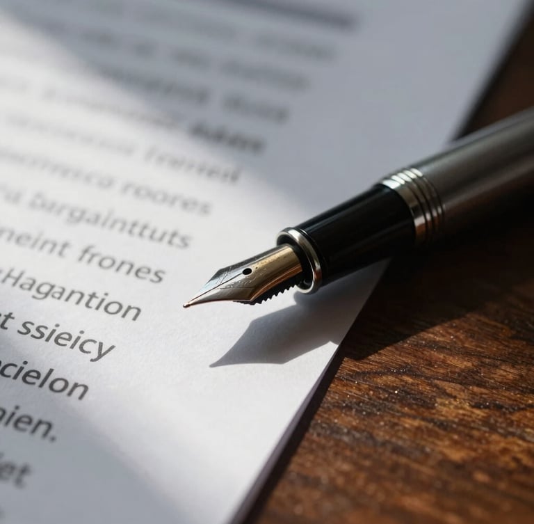 Extreme close-up macro shot of physical corporate documents and a high-quality fountain pen resting on a dark wood table, sharp architectural shadows.