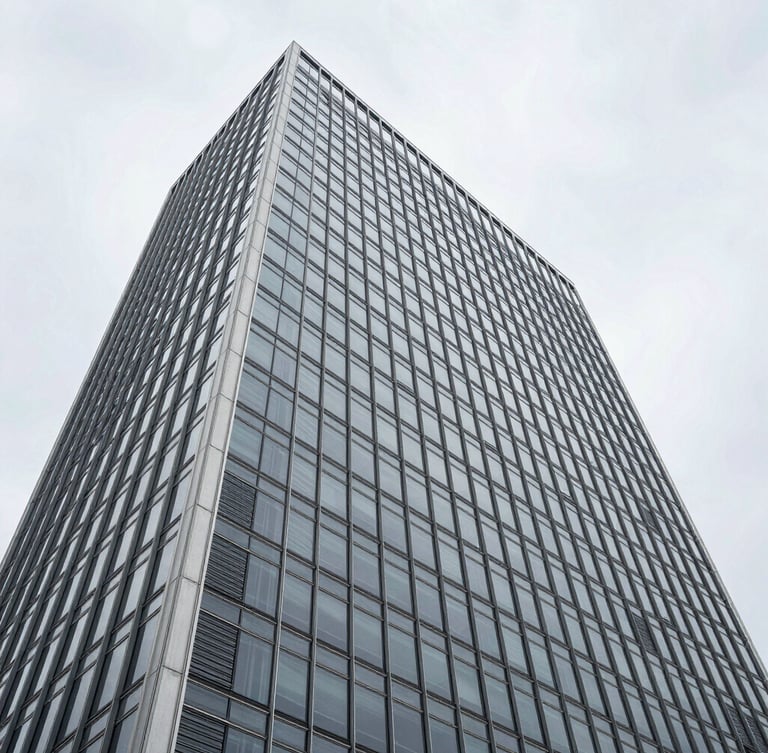 Wide-angle architectural perspective of a minimalist glass and steel skyscraper facade in Wilmington, sharp overcast daylight, clean geometric lines.