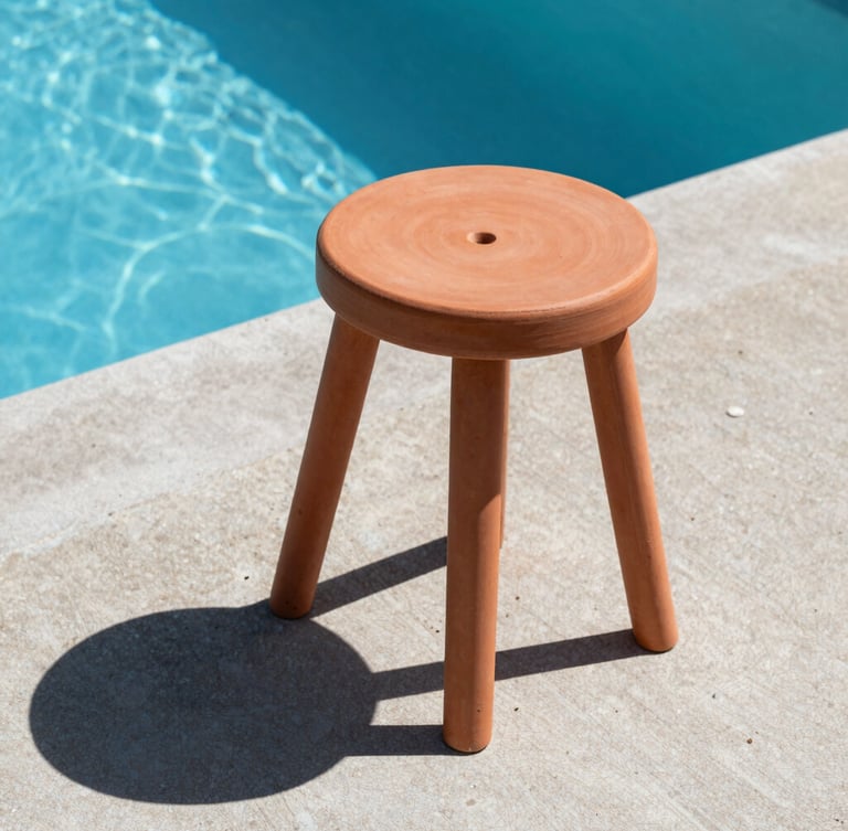 Saturated terracotta resin stool casting a sharp, graphic shadow on a raw concrete pool deck under harsh direct midday sunlight, 35mm lens