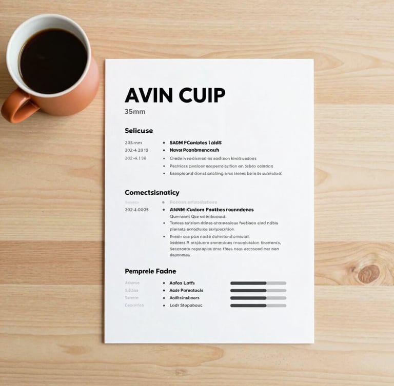 Overhead flatlay of a minimalist workspace with a clean resume on a wooden desk, warm terracotta coffee mug, soft natural daylight, professional Swiss aesthetic, 35mm