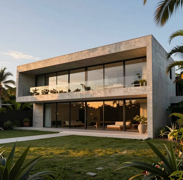 Wide-angle architectural photograph of a modern luxury villa in Urubó, Santa Cruz, featuring clean concrete lines, expansive glass walls reflecting warm golden hour sunlight, surrounded by lush tropical landscaping.