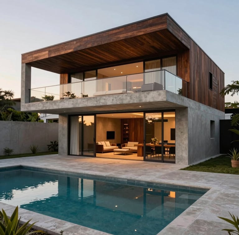 Contemporary architectural family home in Urubó, concrete and dark wood accents, private swimming pool, sunset lighting