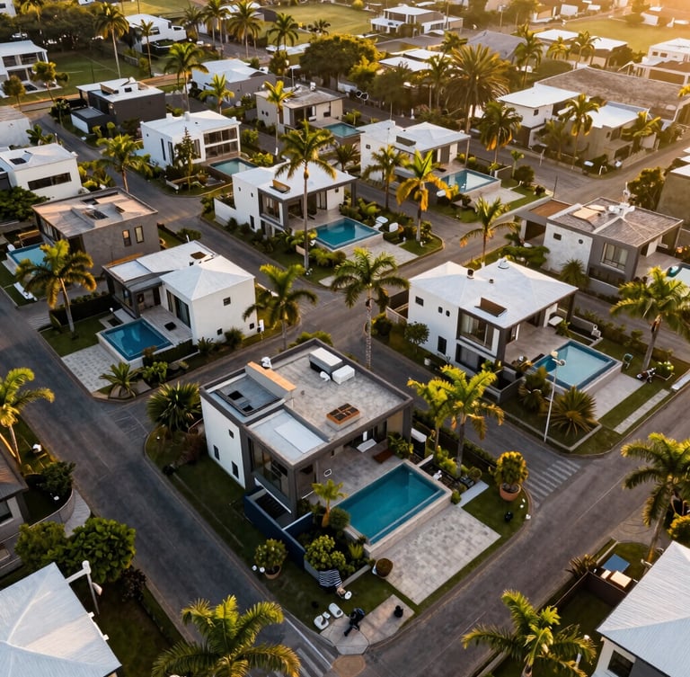 Wide environmental drone shot of a luxury gated community in Santa Cruz, Bolivia, sunset golden hour lighting, modern architectural villas with swimming pools surrounded by lush tropical palm trees and clean paved roads.