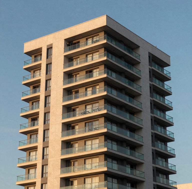 Vista angular de un edificio residencial premium en Equipetrol, Santa Cruz, con balcones de vidrio templado bajo una luz solar cálida de media tarde.